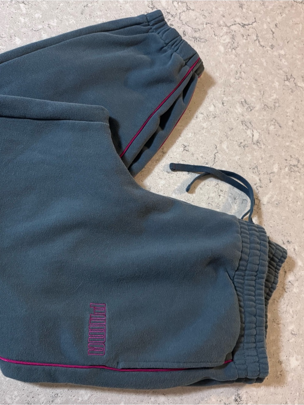 PUMA women’s Charcoal Gray Fleece Jogger Pants with Purple Trim